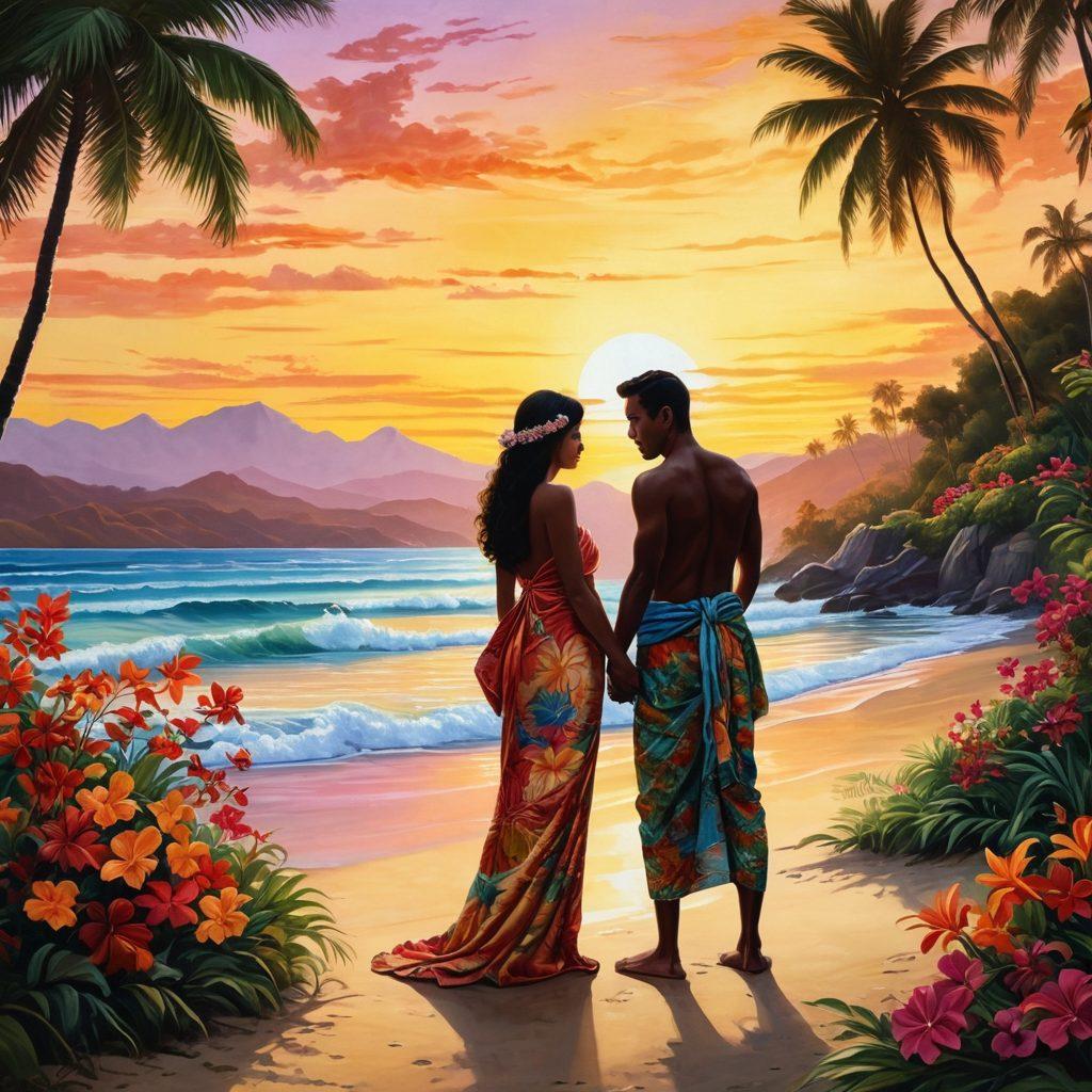 A lush tropical scene depicting a serene beach at sunset, with silhouettes of two figures sharing an intimate moment by the water. Rich textures of Filipino traditional fabrics in vibrant colors drape elegantly, surrounded by fragrant flowers and soft waves. The background features rolling hills and palm trees, evoking a sense of tranquility and allure. super-realistic. vibrant colors. warm tones.