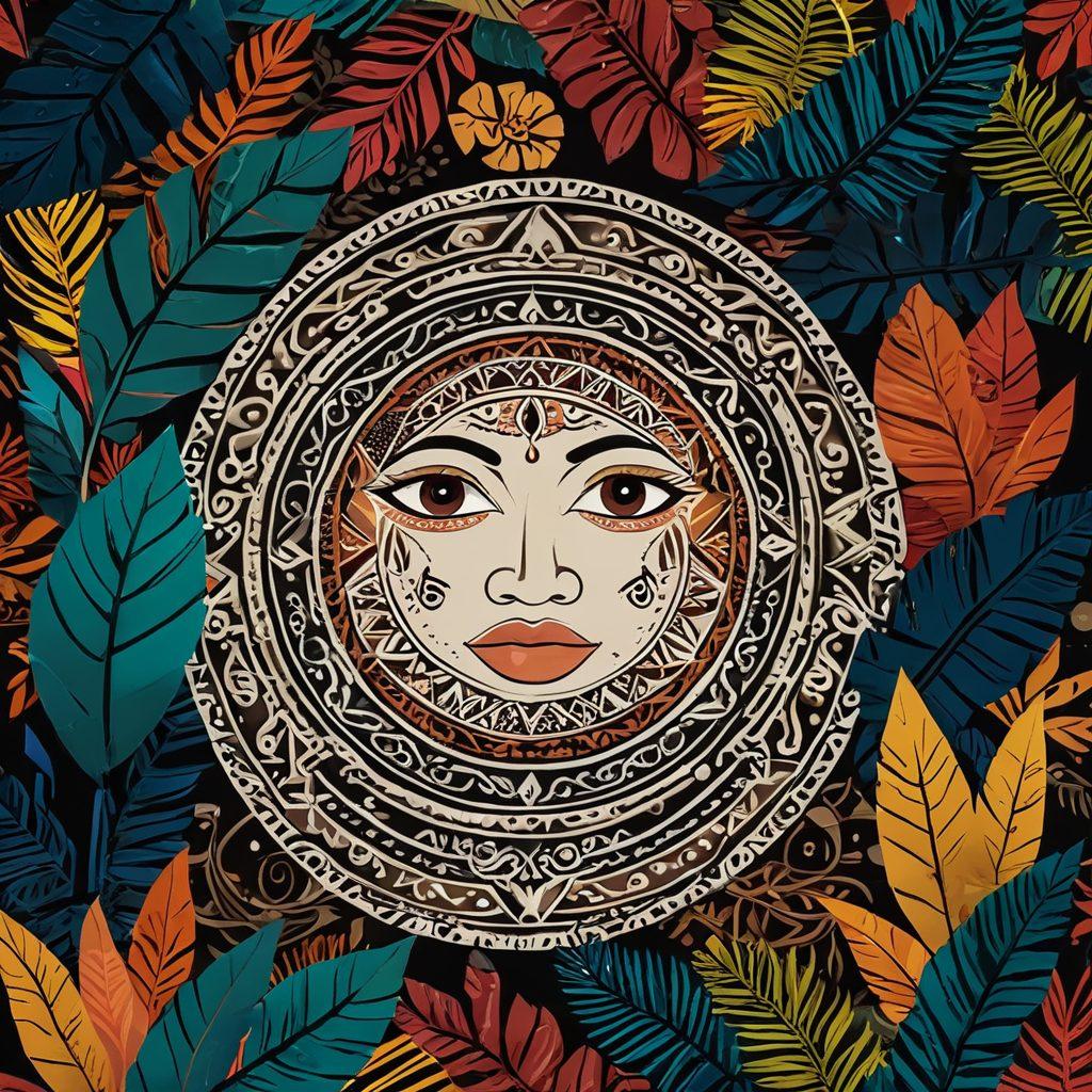 A juxtaposition of traditional Filipino cultural elements like tribal patterns and vibrant local festivals intertwined with modern imagery of adult film symbols, reflecting the tension between heritage and contemporary influences. The scene should portray light and shadows to symbolize pleasure and desire, featuring a warm color palette to evoke emotions. Include subtle hints of nature, like tropical leaves, to represent the Philippines. super-realistic. vibrant colors.