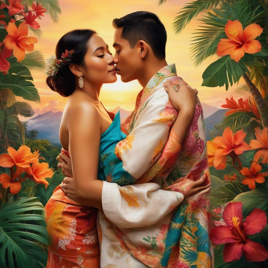 A collage of diverse Filipino couples embracing in intimate moments, set against vibrant tropical backgrounds that highlight cultural symbols. Include elements like traditional Filipino textiles and unique local flowers to reflect heritage. Add soft, warm lighting to evoke a sense of romance and connection. super-realistic. vibrant colors. tropical theme.